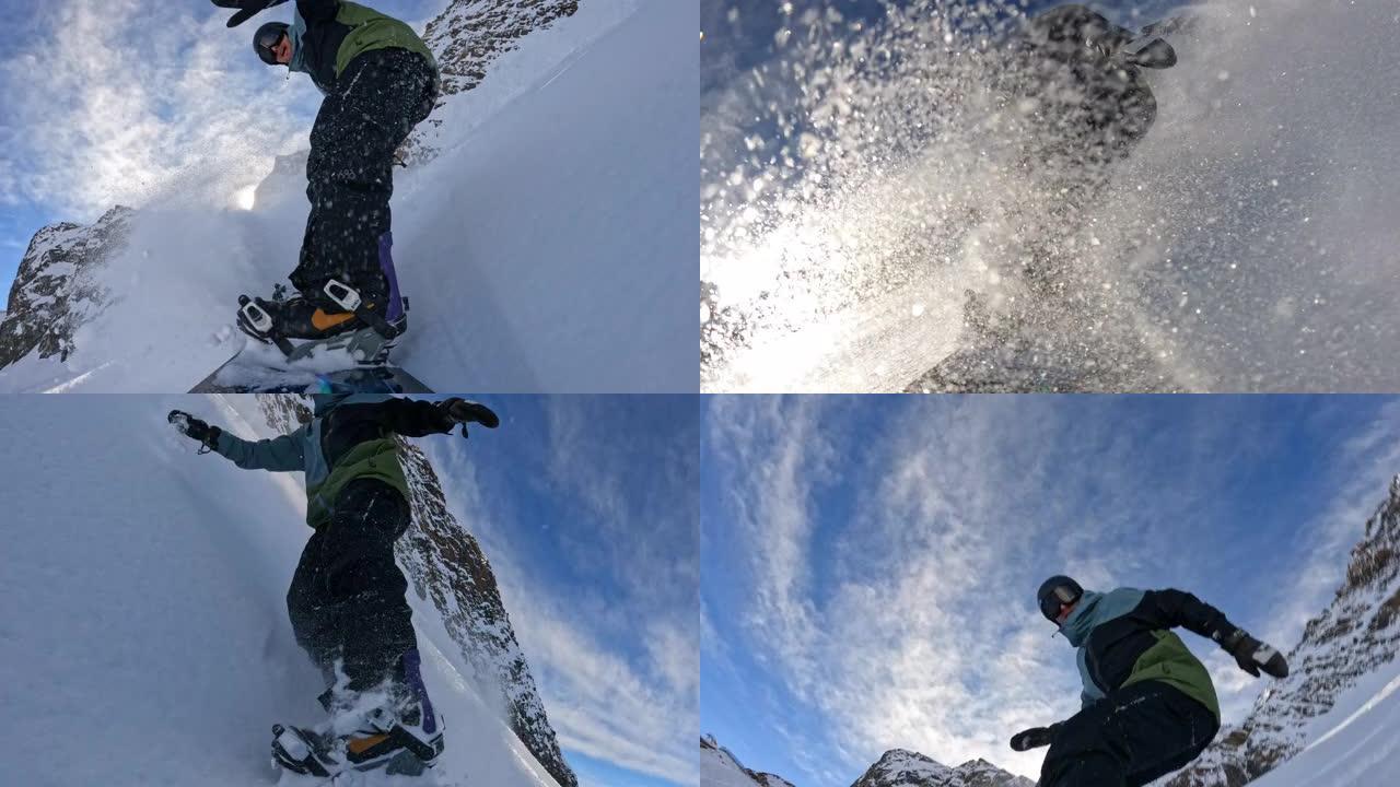 自由式滑雪板运动员在积雪覆盖的斜坡上的自拍照