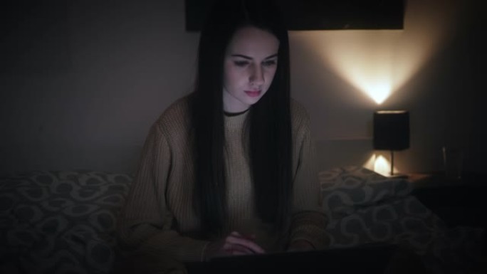 美女在床上晚上用笔记本电脑工作