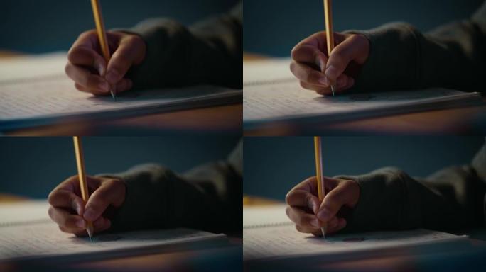 一个年轻人用笔记本用铅笔书写的真实特写镜头。青少年为学校做作业。教育理念。