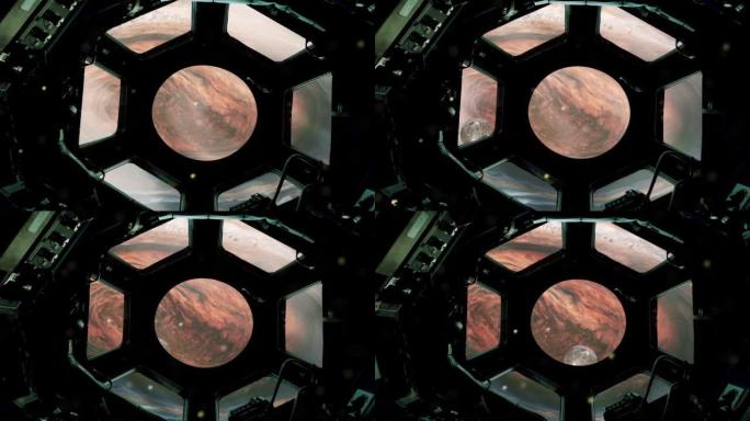 通过航天器的窗户可以看到木星的大红斑。NASA提供的这段视频的元素。4k分辨率。
