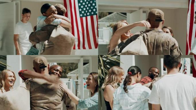 一群朋友拥抱从军队回家的朋友的4k视频片段