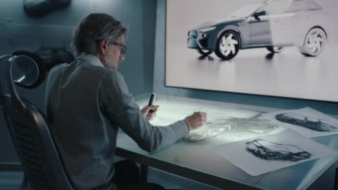 汽车设计师用数字显示触摸屏桌子绘制原型车