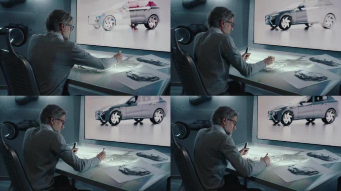 汽车设计师用数字显示触摸屏桌子绘制原型车