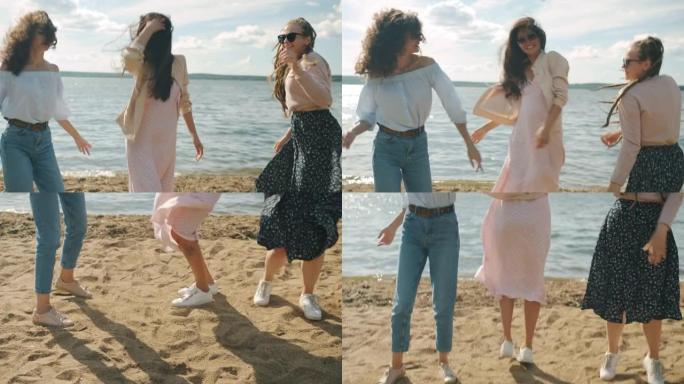 女性朋友穿着时髦的夏装在沙滩上跳舞，一起享受周末