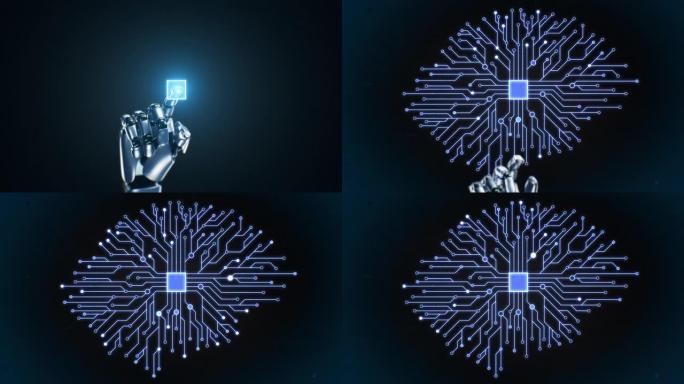 机器人手推触摸屏按钮和计算机轨道形成抽象数字大脑3d动画。人工智能神经网络发生器工作过程图解概念
