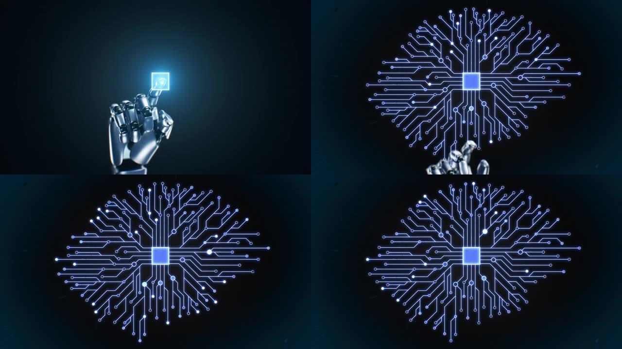 机器人手推触摸屏按钮和计算机轨道形成抽象数字大脑3d动画。人工智能神经网络发生器工作过程图解概念
