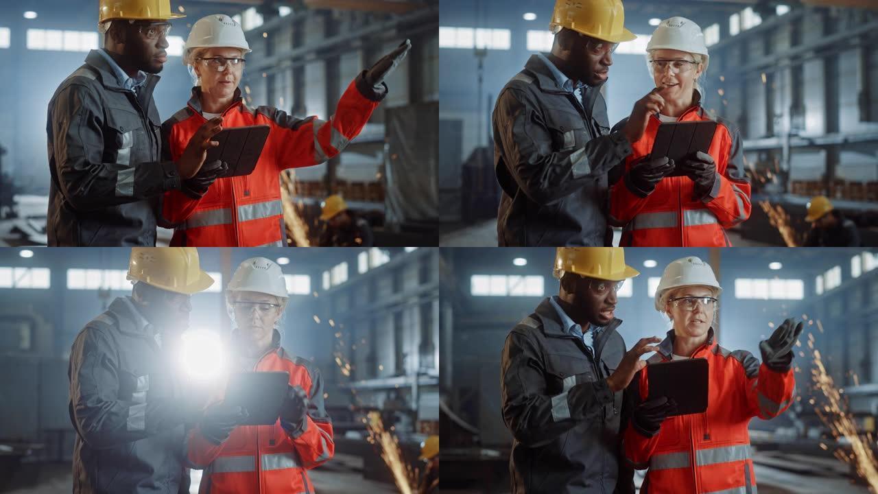 两名重工业工程师站在钢铁金属制造厂，使用数字平板电脑并进行讨论。黑人非裔美国工业专家与女技术员交谈。