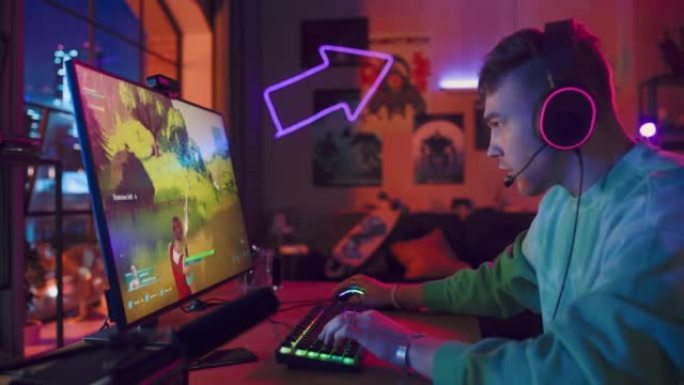 在家玩游戏: 玩家在个人电脑上玩在线视频游戏。专业时尚的男性玩家享受3D射击游戏，屏幕显示街机在线多