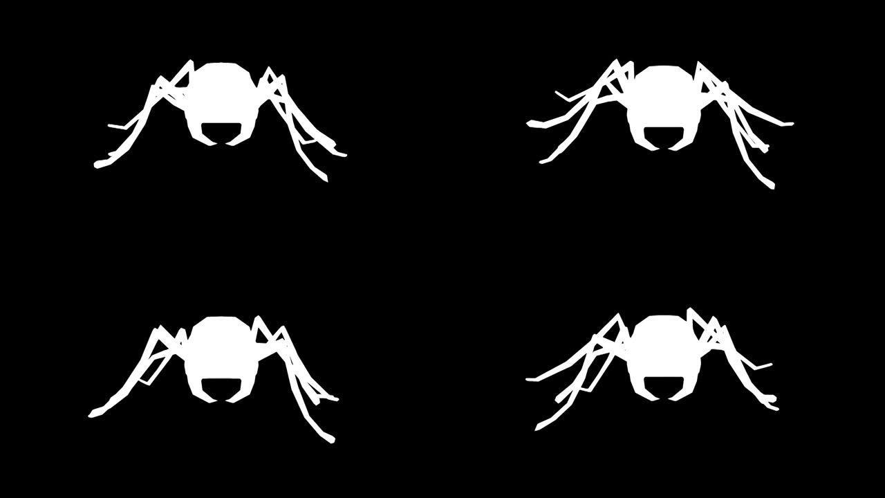黑色背景上的行走蚂蚁剪影。动物的概念，野生动物，游戏，返校，3d动画，短视频，电影，卡通，有机，色键