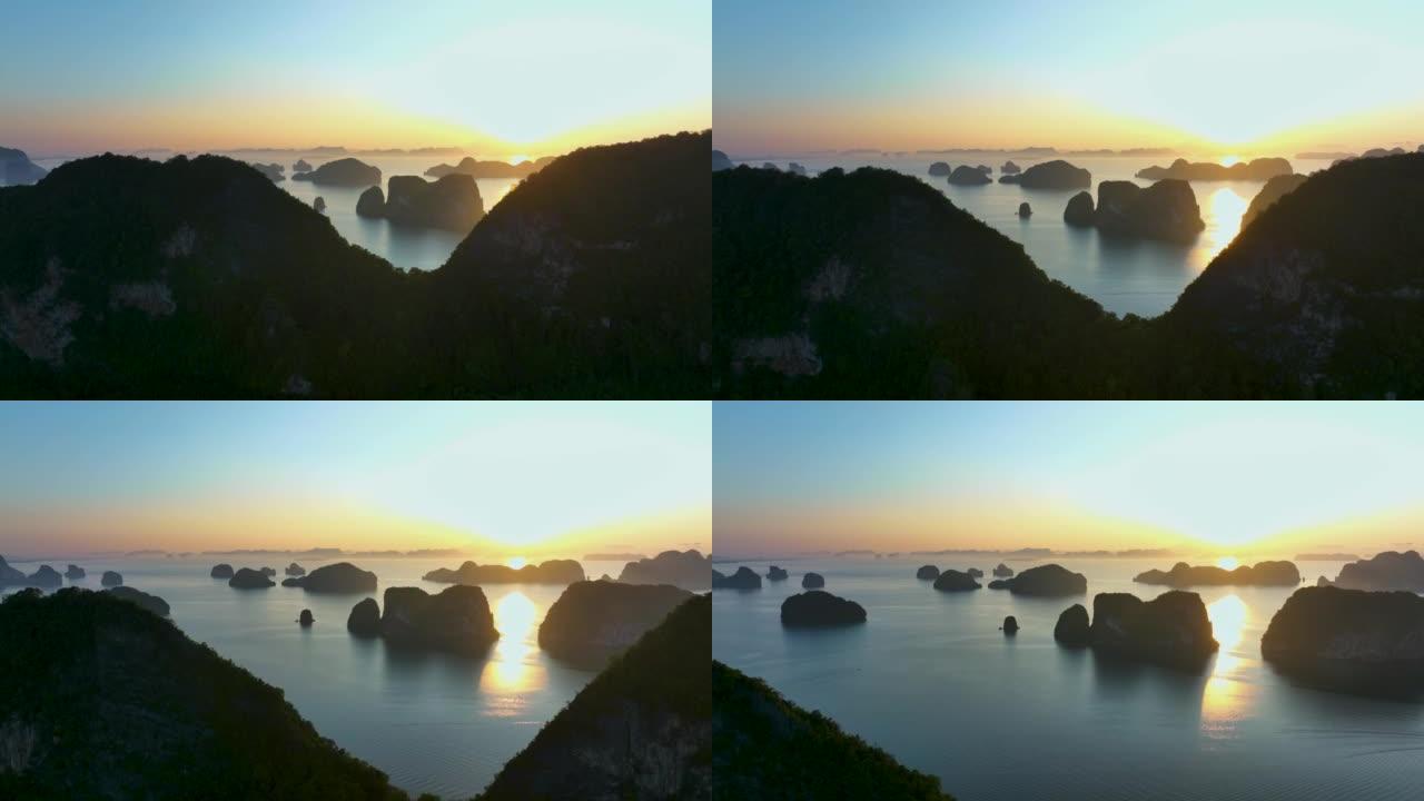 泰国甲米日出时的攀牙湾与山脉的鸟瞰图。