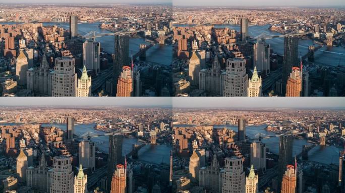 延时: 布鲁克林大桥曼哈顿大桥和威廉斯堡大桥鸟瞰图，布鲁克林纽约市日落