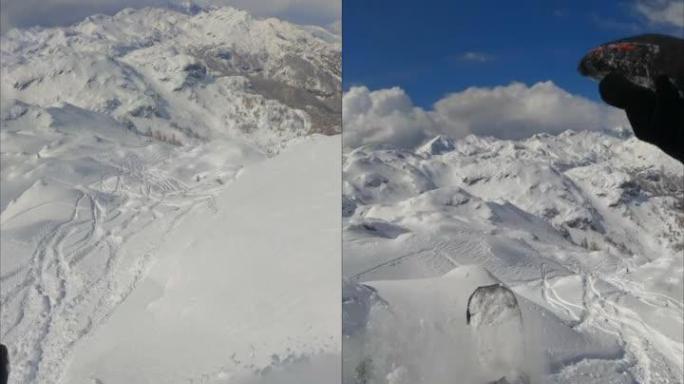 垂直视频POV SLO MO拍摄的自由式滑雪板滑雪板在山上