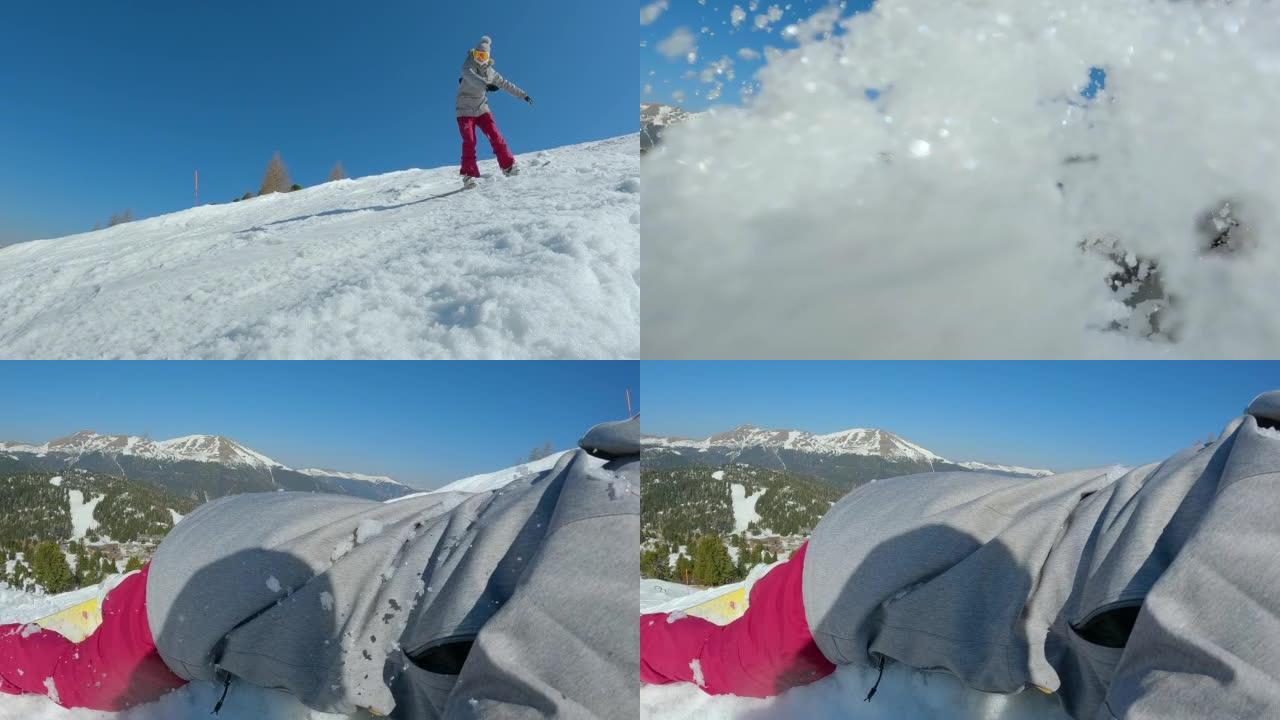 特写: 女性初学者滑雪者在滑雪板时撞向相机