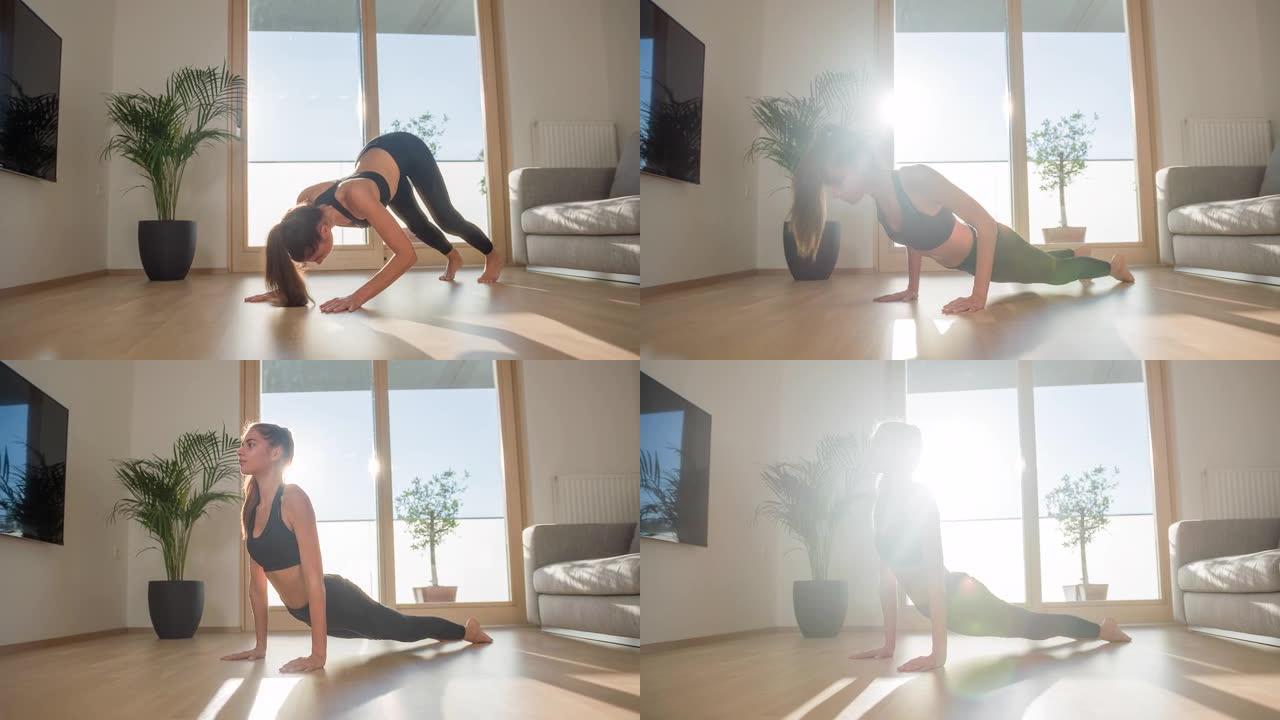 年轻女子保持健康，在客厅锻炼，做瑜伽