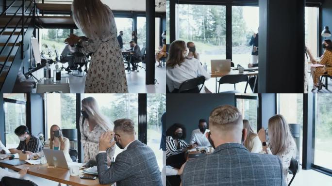 镜头跟随年轻的金发老板女商人使用洗手液进入办公室团队会议的慢镜头。