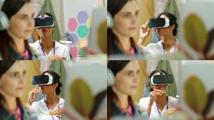 Vr metaverse，办公室里的女人，带着有趣的虚拟现实眼镜，数字创新和工作中的年轻员工测试产品