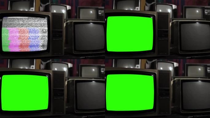 在许多老式电视中，旧电视打开色度键绿色屏幕。放大。