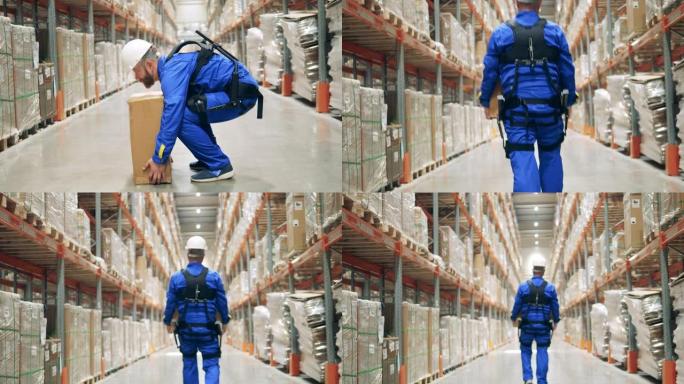 ergoskeleton的存储员工提起包裹并随身携带