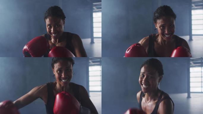 非裔美国妇女戴着拳击手套训练在空房间里挥拳