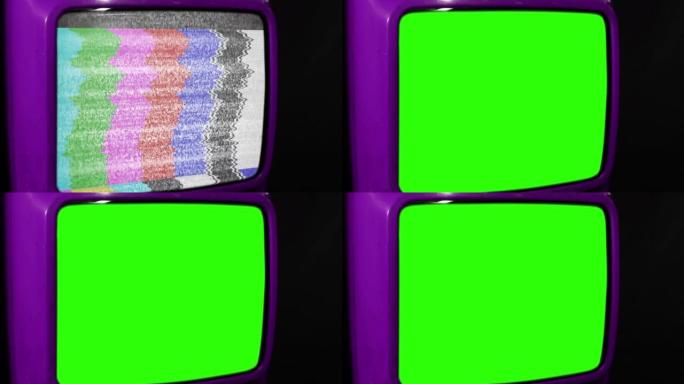 旧紫色电视打开绿色屏幕，带有静电噪声和色条。特写。