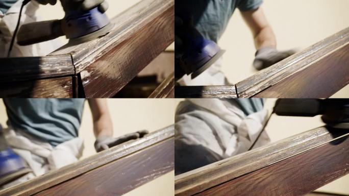 SLO MO Man用电动工具研磨木栅栏