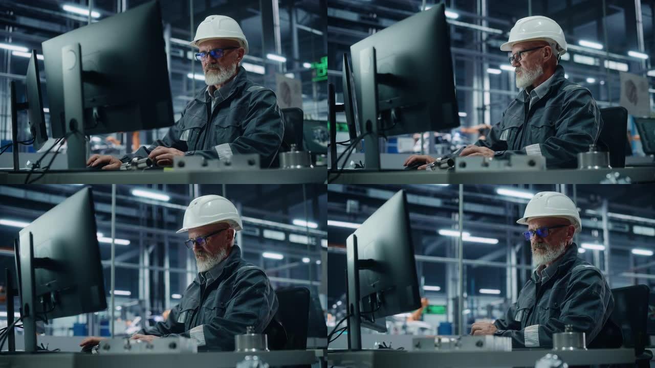 汽车厂办公室: 在计算机上工作的男工程师的肖像。自动机械臂装配线制造电动汽车。技术人员监控电子产品生