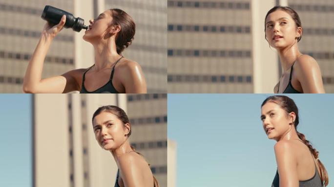 4k视频片段，一名妇女在城市跑步时喝水