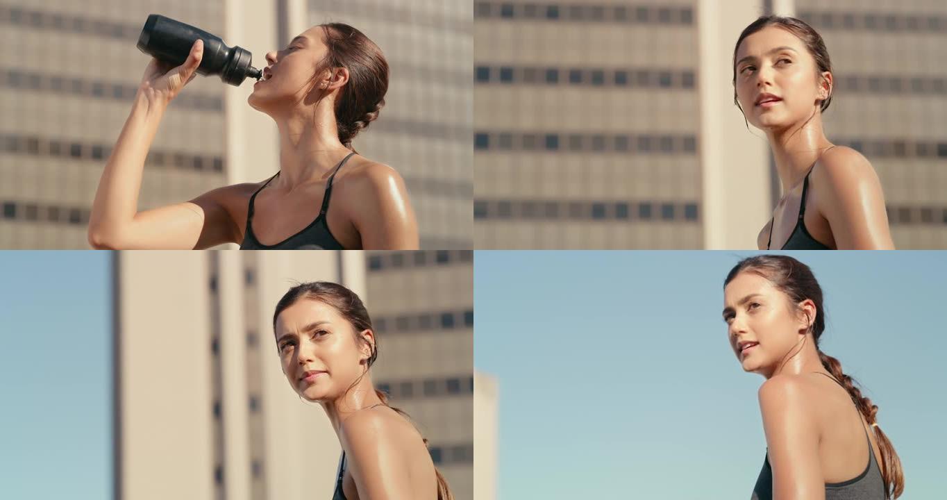 4k视频片段，一名妇女在城市跑步时喝水