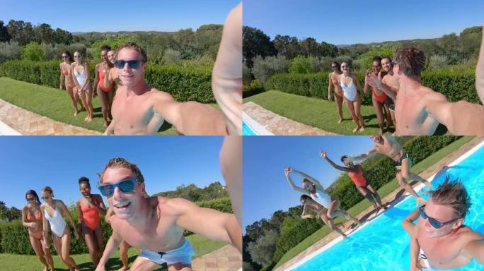 穿着泳装的年轻多民族朋友的真实照片很有趣，在阳光明媚的日子里一起在游泳池里跳时自拍。