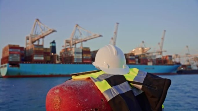 工程师设备，头盔和警告背心躺在港口
