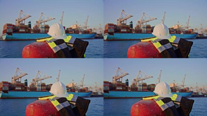 工程师设备，头盔和警告背心躺在港口