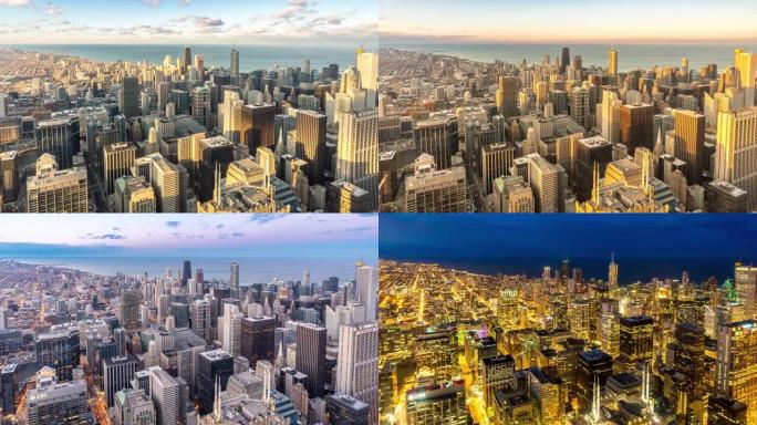 日夜延时: 美国芝加哥天际线大厦的鸟瞰图