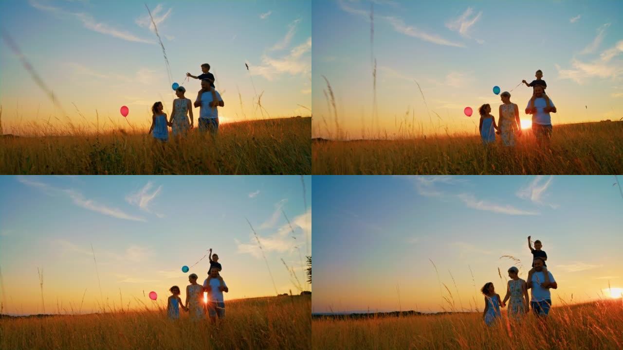 日落时，有两个孩子的SLO MO家庭在高高的羊茅草中行走