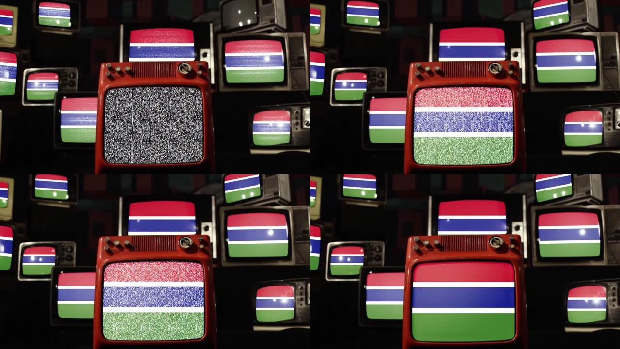 冈比亚国旗和复古电视。