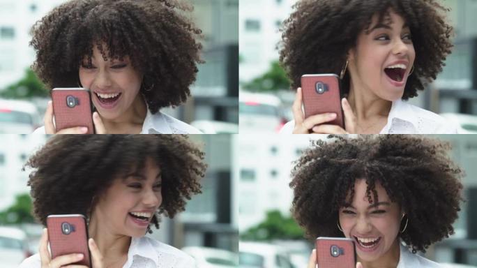 4k视频片段，一名年轻女子在手机上阅读后看起来很开心