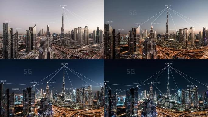 T/L ZI迪拜城市天际线和5g网络概念，从白天到晚上/阿联酋