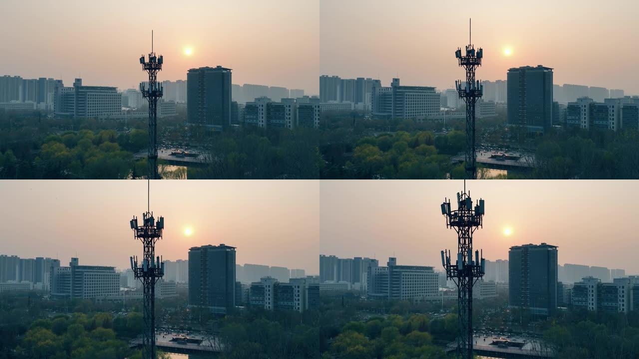 城市电信塔的鸟瞰图