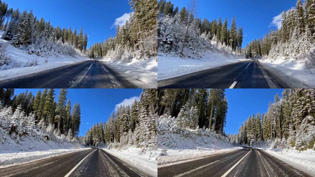 在白雪覆盖的森林中，在白雪覆盖的乡村道路上行驶的观点