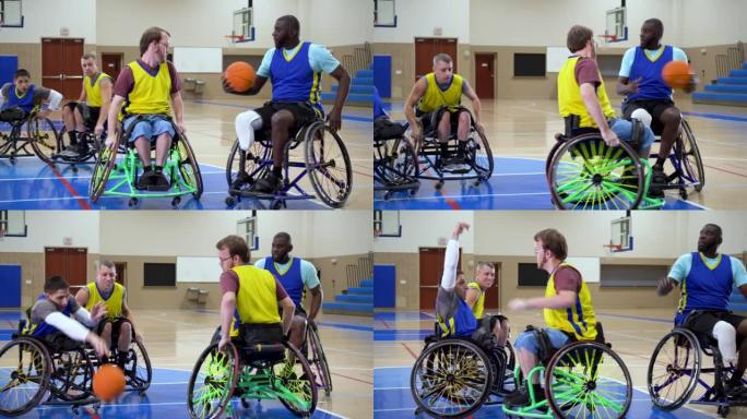 四名男子打轮椅篮球，传球和运球