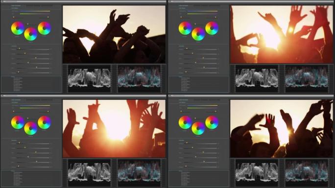 视频编辑软件模拟动画与生活方式拍摄项目与快乐的年轻人。具有多个设置窗口的灰色界面。计算机显示器和笔记