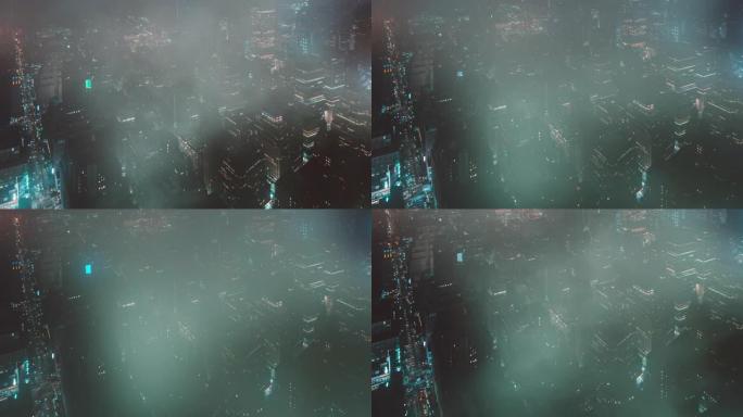 夜间雾气流动的曼哈顿中城的T/L TD鸟瞰图/纽约