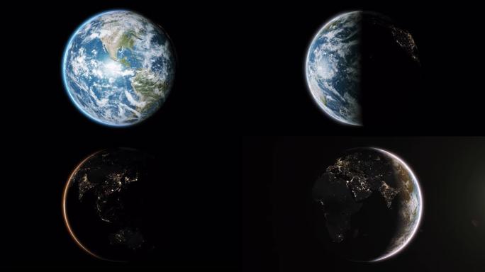 美丽的3d动画日夜变化在地球上无缝。白天和夜晚的城市。阳光普照，地球旋转。卫星的逼真视图。