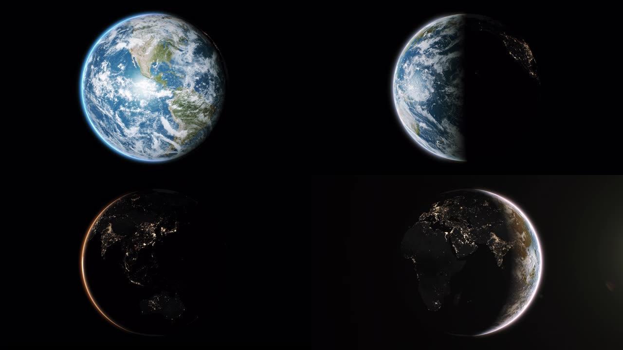 美丽的3d动画日夜变化在地球上无缝。白天和夜晚的城市。阳光普照，地球旋转。卫星的逼真视图。