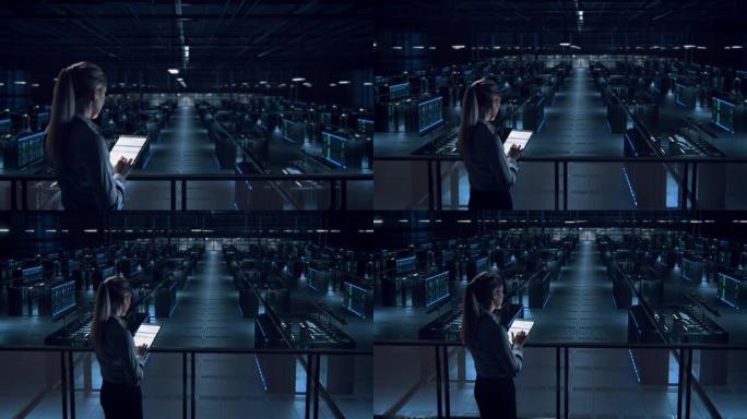 女性IT专家在数据中心使用平板电脑。服务器场云计算设施，维护管理员工作。从事个人网络保护工作的网络安