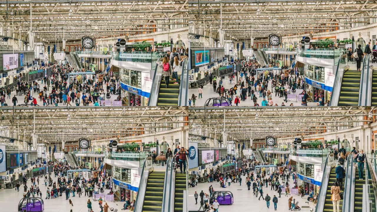 英国伦敦市区滑铁卢车站拥挤的通勤者的时间流逝，