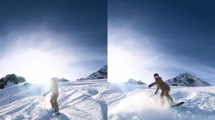 滑雪者在雪山阳光明媚的冬日里玩得很开心