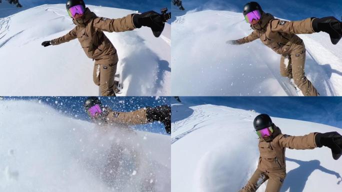 在雪山阳光明媚的冬日里，女滑雪者玩得很开心