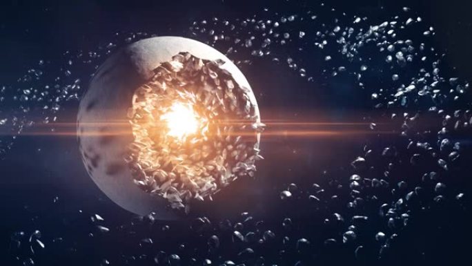 太空中被摧毁的发光月亮或小行星-橙色