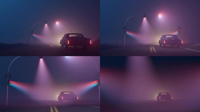 一辆老式汽车沿着被三个多色交通信号灯照亮的雾蒙蒙的道路行驶，当汽车通过时，这些信号灯会关闭。