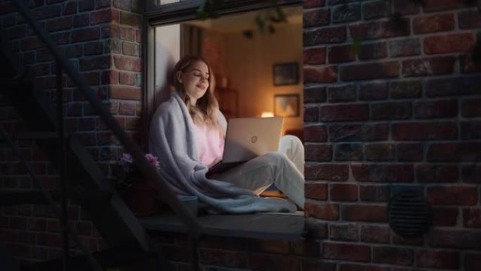 年轻的白人妇女坐在窗边时，用笔记本电脑覆盖着羊毛毯子。在国外大学学习的女学生正在通过网络与家人和朋友